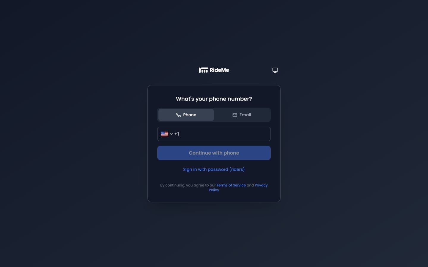 RideMe phone and email authentication interface