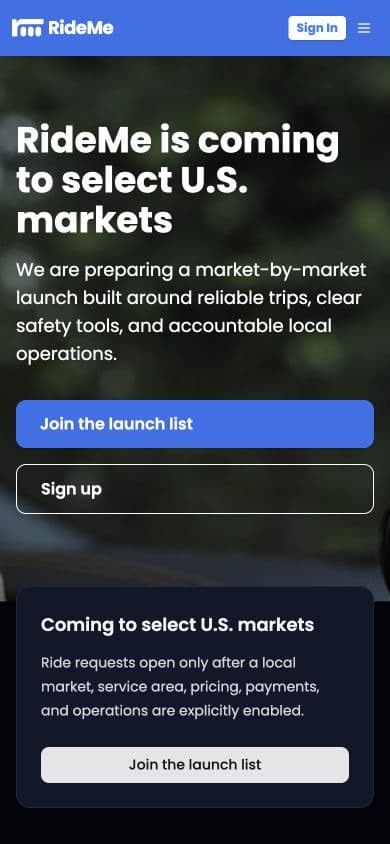 RideMe public website on a mobile viewport