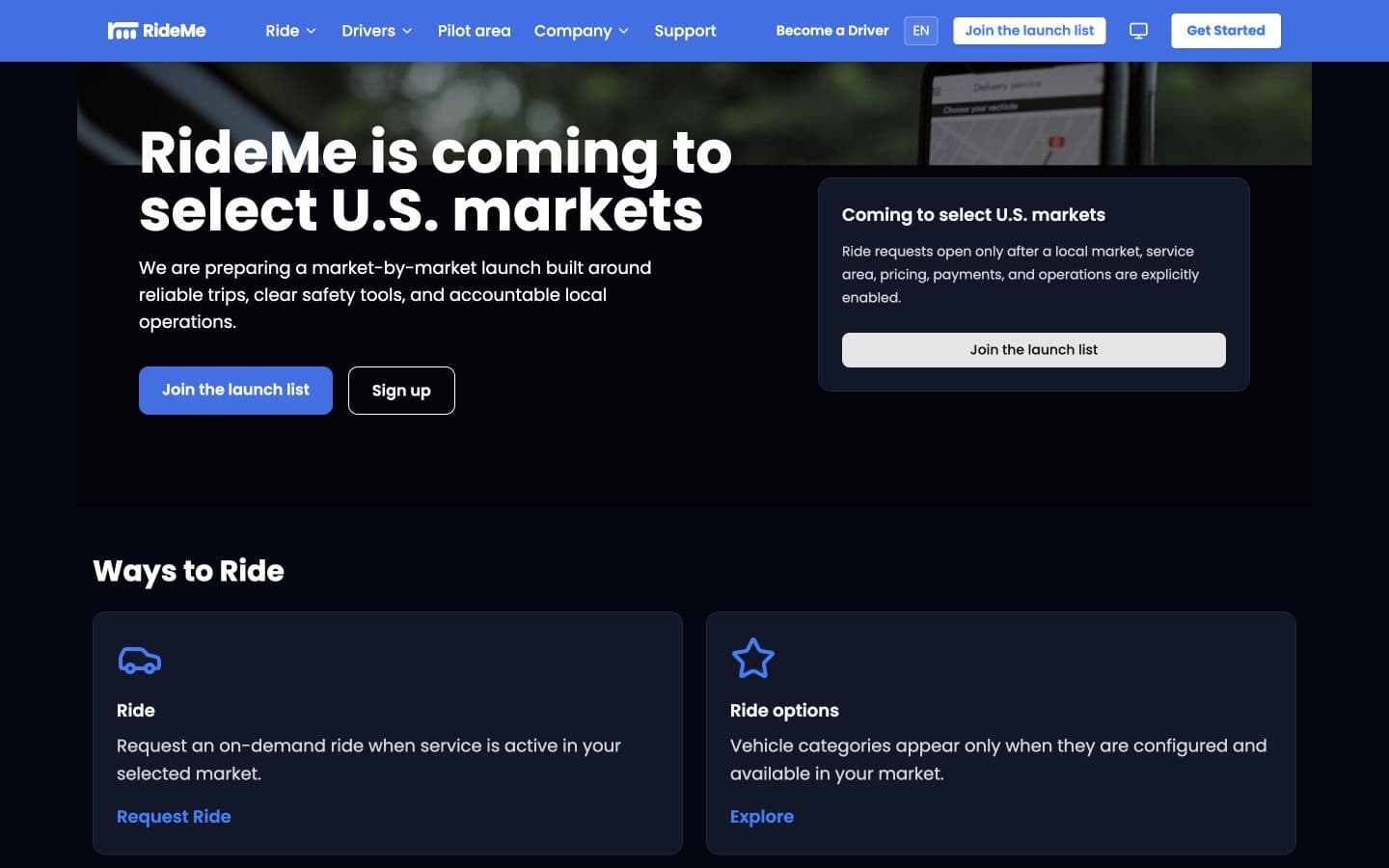 RideMe pre-launch public website