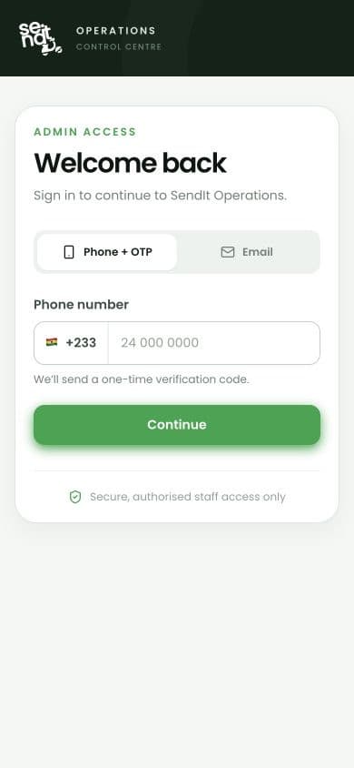Mobile view of the SendIt Operations secure staff access page