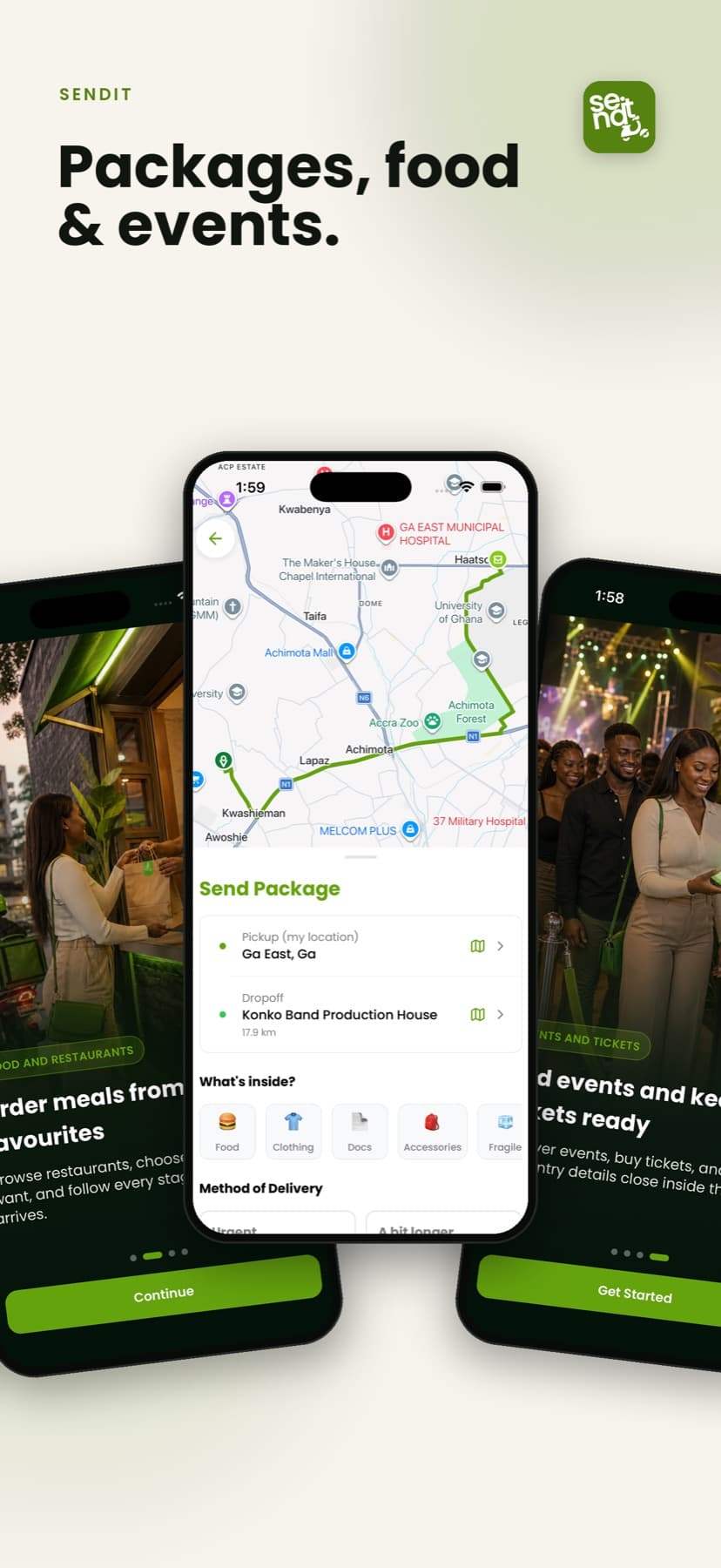 SendIt customer mobile application screens