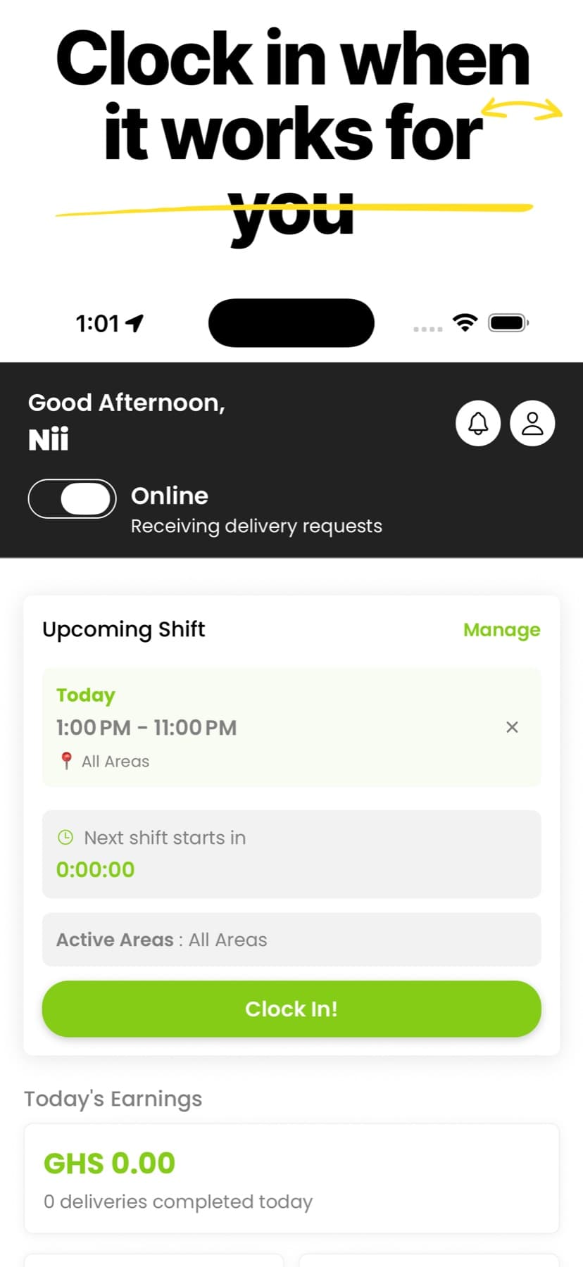 SendIt rider app availability and shift screen