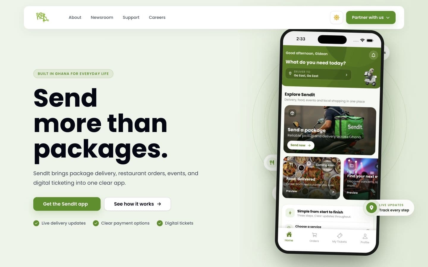 SendIt public website showing the customer application